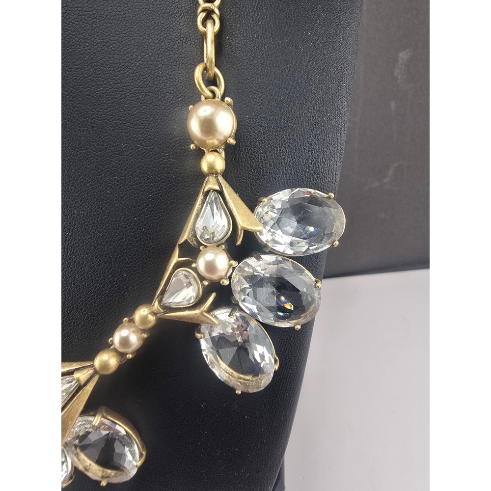 Vintage J Crew Necklace Gold Tone Faux Pearl Crystal Statement Bib 18 In